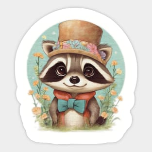 cute little racoon wearing a hat and a bow tie Sticker